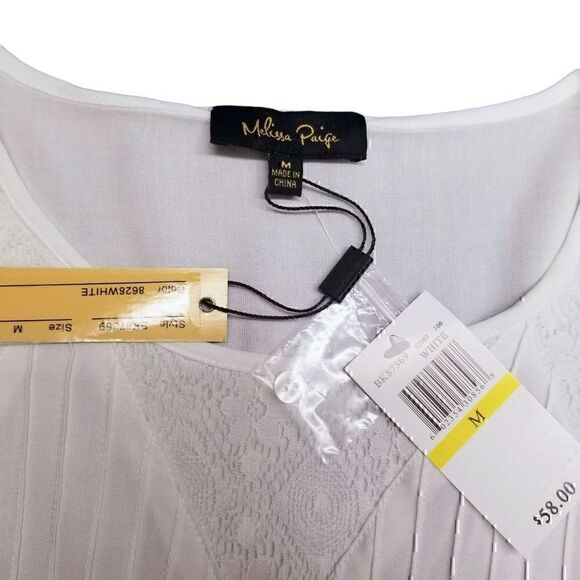 Blouse NEW! White 3/4 Sleeve Geometric Lace Detail Top - Picture 3 of 8